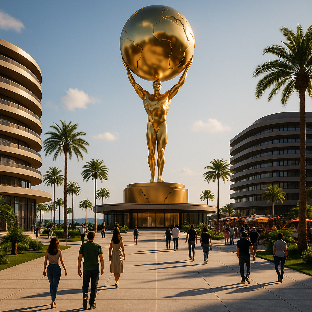 Atlas statue holding the world in anarcho-capitalist city center