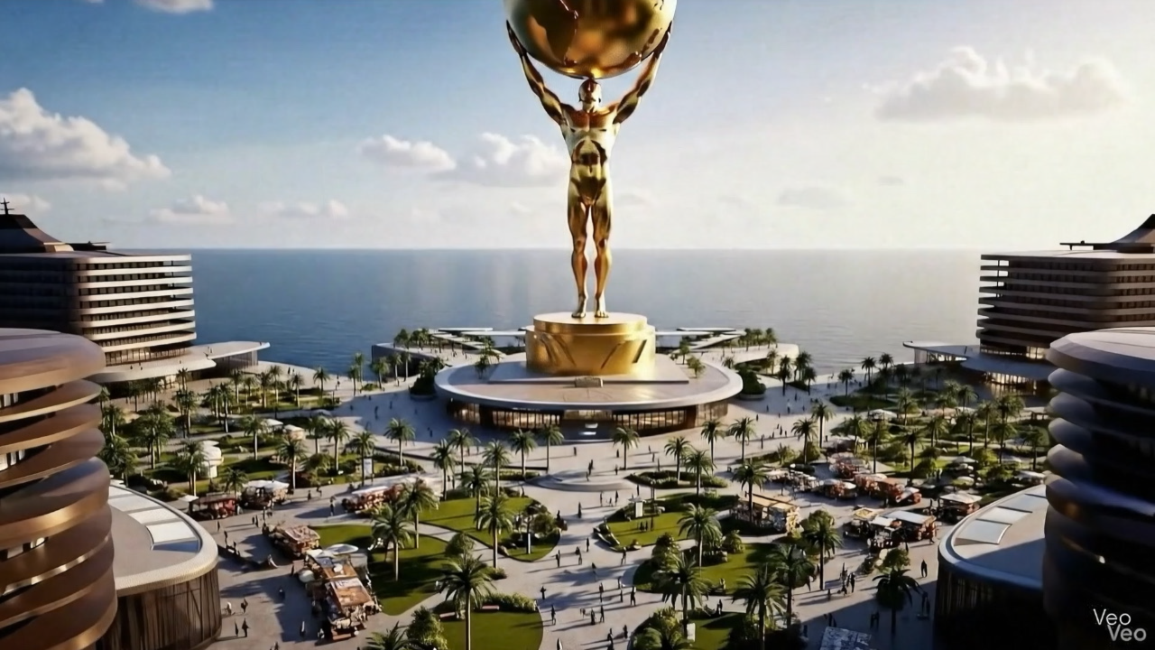 Atlas floating city with golden statue